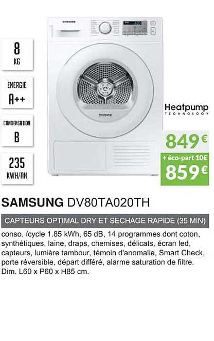 samsung dv80ta020th capteurs optimal dry et séchage rapide (35 min)