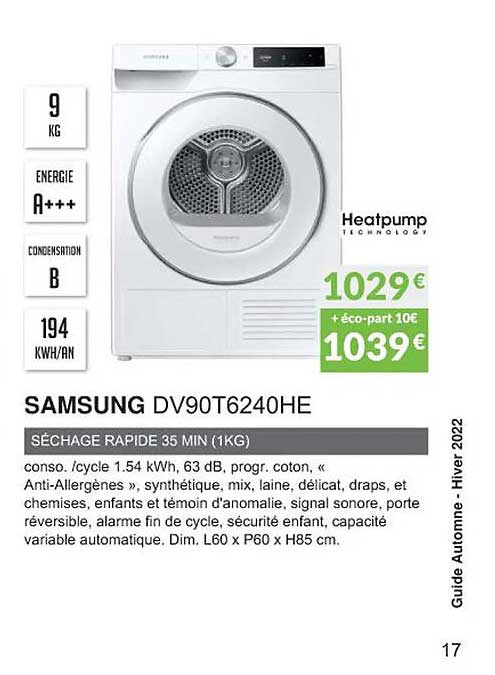 samsung dv90t6240he séchage rapide 35 min (1 kg)