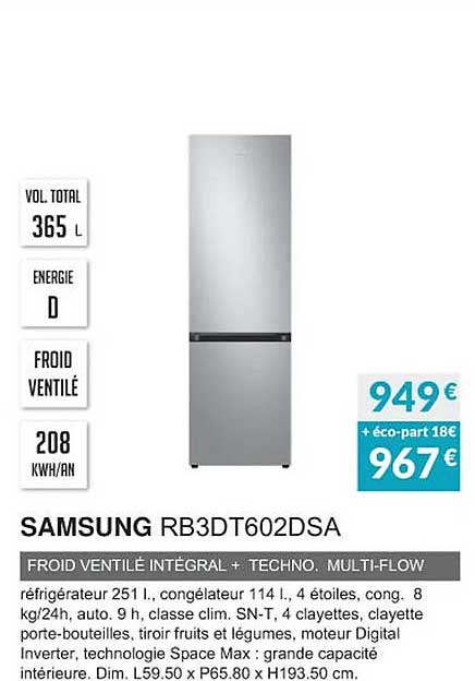 samsung rb3dt602dsa froid ventilé intégral + techno, multi-flow