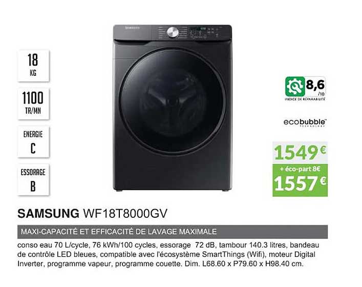 samsung wf18t8000gv maxi-capacité et efficacité de lavage maximale