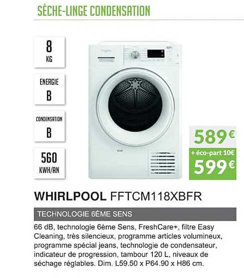 sèche-linge condensation whirlpool fftcm118xbfr