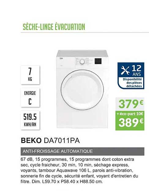 sèche-linge évacuation beko da7011pa