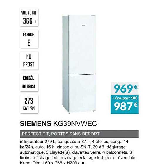 siemens kg39nvwec perfect fit, portes sans déport