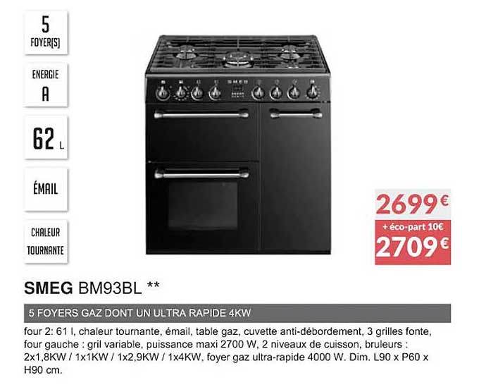 smeg bm93bl 5 foyers gaz dont un ultra rapide 4kw