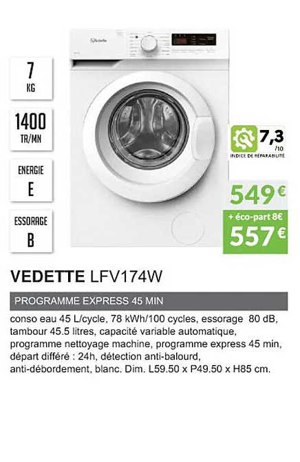 vedette lfv174w programme express 45 min