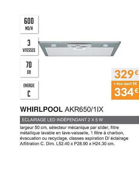 whirlpool akr650-1ix éclairage led indépendant 2x5 w