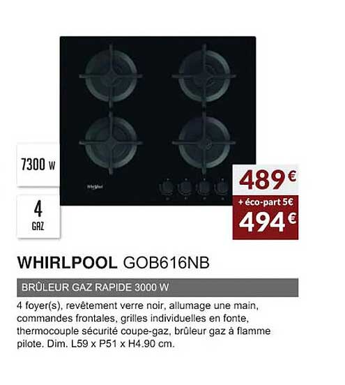 whirlpool gob616nb brûleur gaz rapide 3000 w