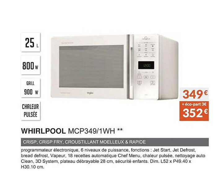 whirlpool mcp349-1wh crisp, crisp fry, croustillant moelleux & rapide