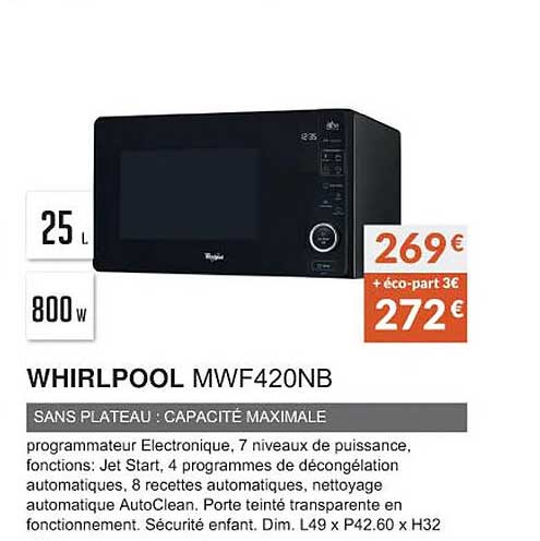 whirlpool mwf420nb sans plateau : capacité maximale