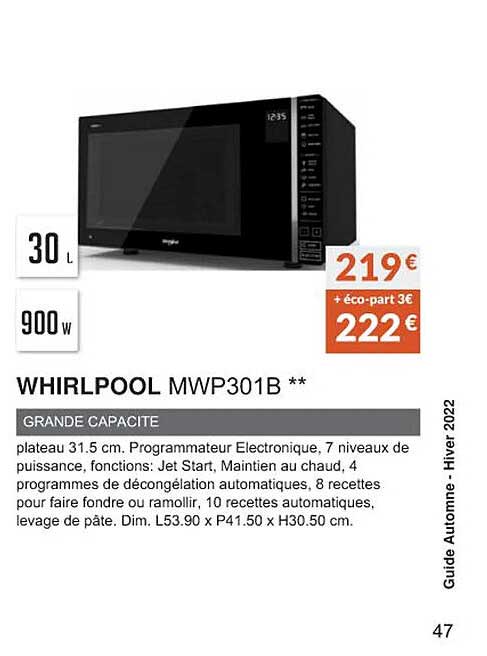 whirlpool mwp301b grande capacité