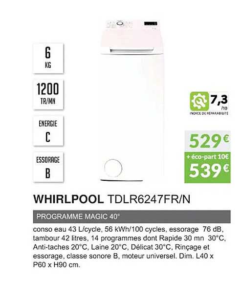 whirlpool tdlr6247fr-n programme magic 40°