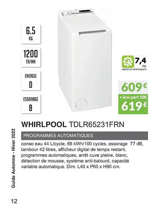 whirlpool tdlr65231frn programmes automatiques