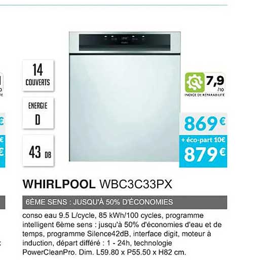 whirlpool wbc3c33px 6 ème sens : jusqu'à 50% d'économies