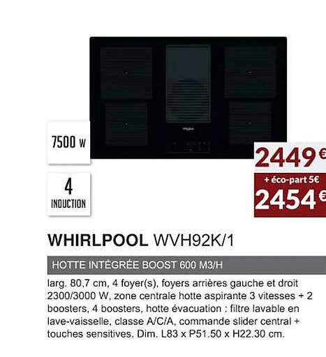 whirlpool wvh92k-1 hotte intégrée boost 600 m3-h