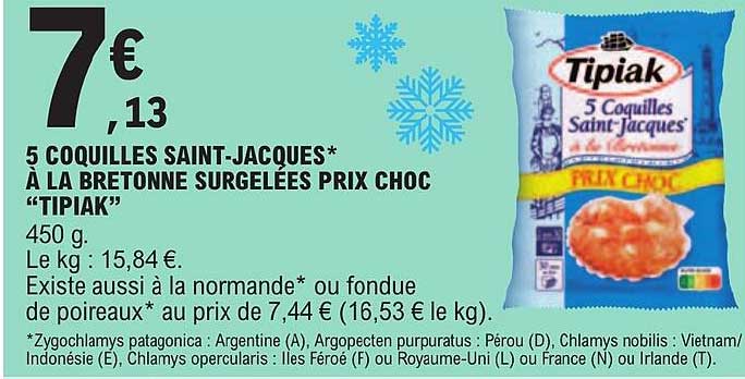 5 coquilles saint-jacques à la bretonne surgelées prix choc "tipiak"