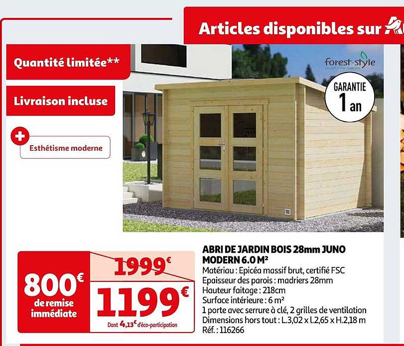 abri de jardin bois 28mm juno modern 6.0 m²