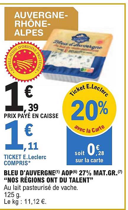 bleu d'auvergne aop 27% mat. gr. "nos régions ont du talent"