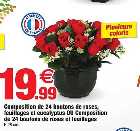 composition de 24 boutons de roses, feuillages et eucalyptus ou composition de 24 boutons de roses et feuillages