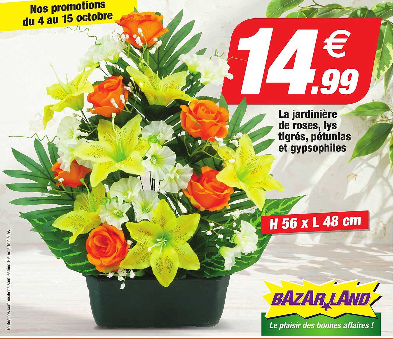 la jardinière de roses, lys tigrés, pétunias et gypsophiles