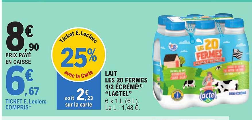 lait les 20 fermes 1/2 écrémé "lactel"