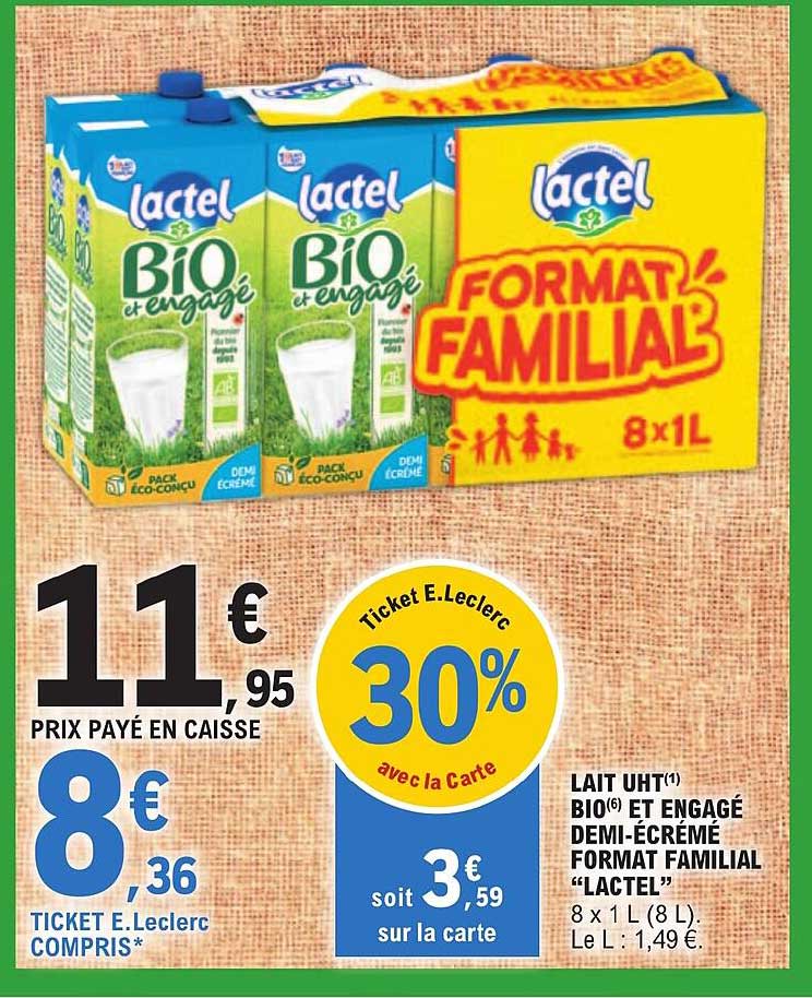 lait uht bio et engagé demi-écrémé format familial "lactel"