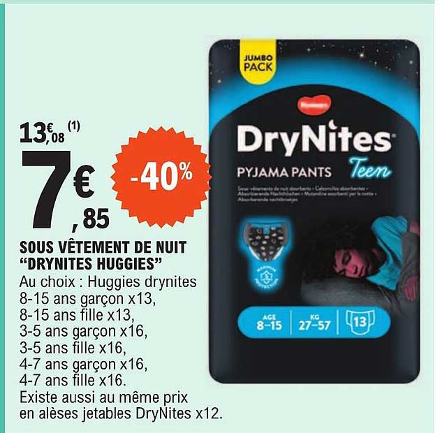 sous vêtement de nuit "drynites huggies"
