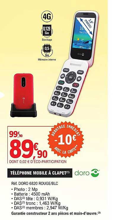 téléphone mobile à clapet doro 6820 rouge/blc