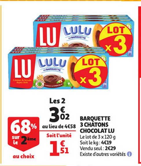 barquette 3 chatons chocolat lu 68% sur le 2ème au choix