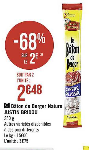 bâton de berger nature justin bridou -68% sur le 2è