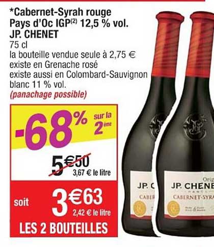 cabernet syrah rouge pays d'oc igp 12.5% vol. jp. chenet -68% sur la 2ème