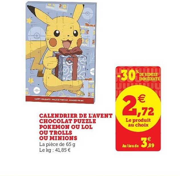 calendrier de l'avent chocolat puzzle pokémon ou lol ou trolls ou minions
