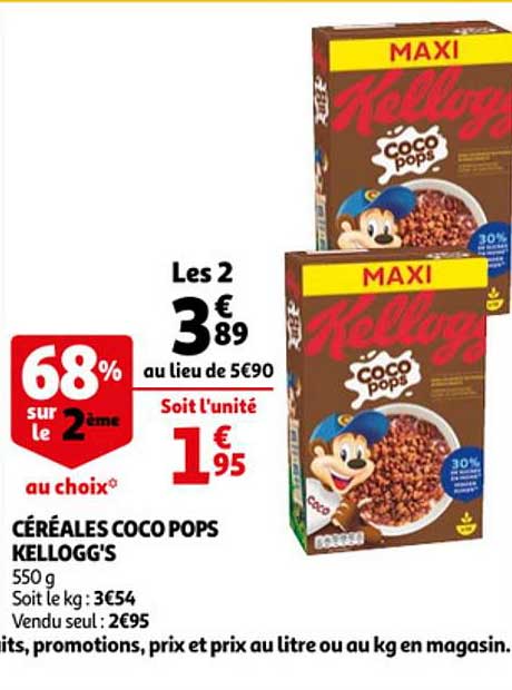 céréales coco pops kellogg's 68% sur le 2ème au choix