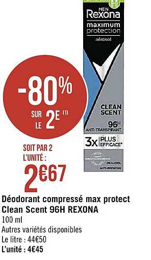 déodorant compressé max protect clean scent 96h rexona -80% sur le 2è