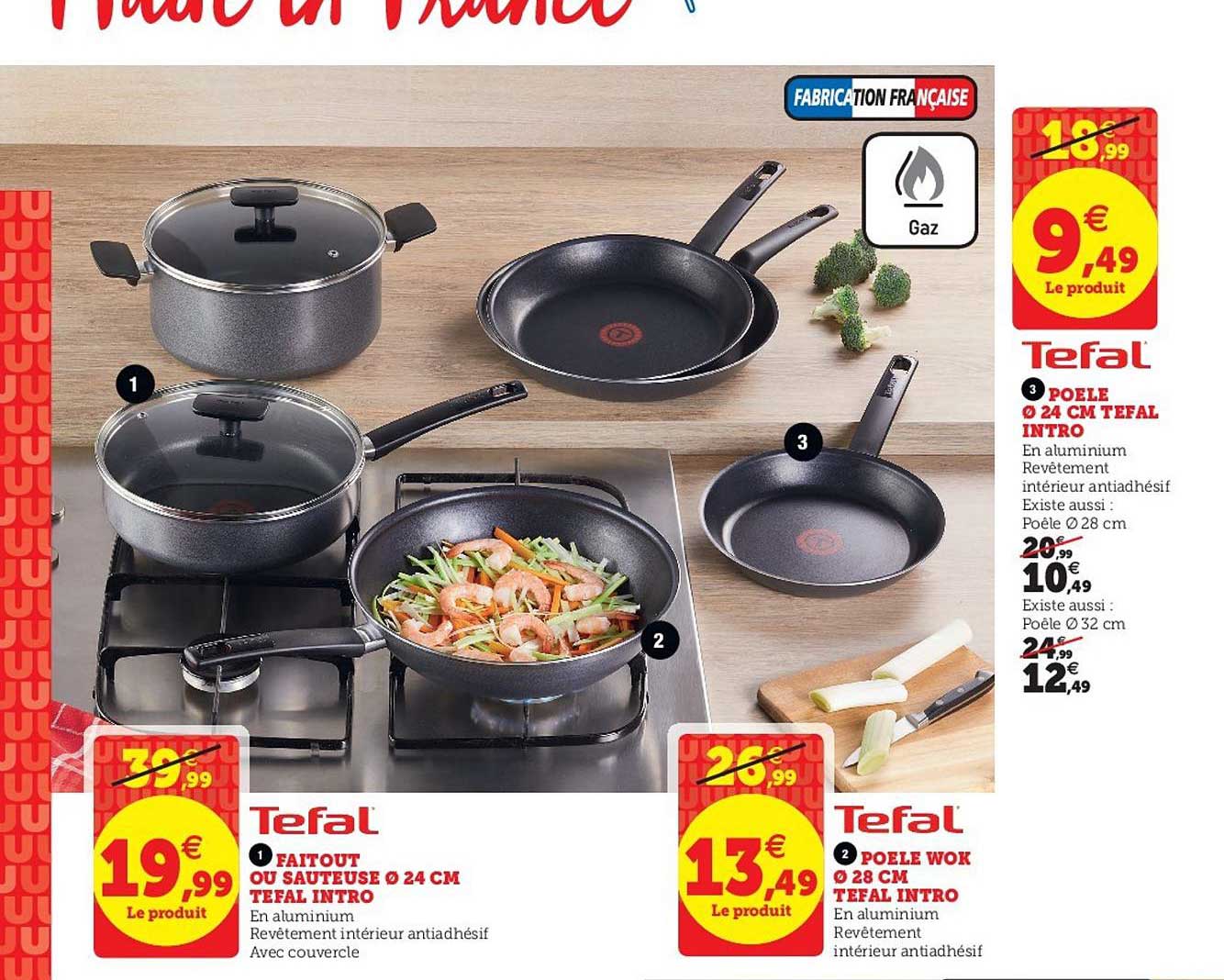 faitout ou sauteuse 24 cm tefal intro, poêle wok 28 cm tefal intro, poêle 24 cm tefal intro