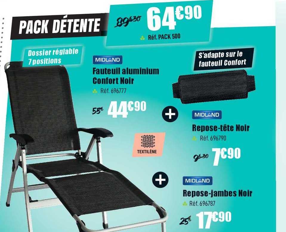 fauteuil aluminium confort noir midland repose tête noir midland repose jambes noir midland