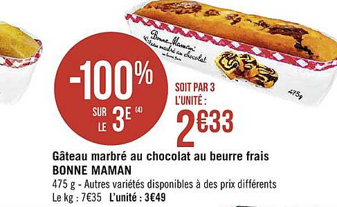 gâteau marbré au chocolat au beurre frais bonne maman -100% sur le 3e