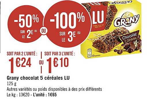 grany chocolat 5 céréales lu -50% sur le 2è ou -100% sur le 3e