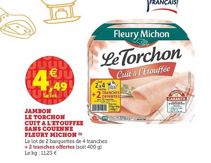 jambon le torchon cuit à l'étouffée sans couenne fleury michon