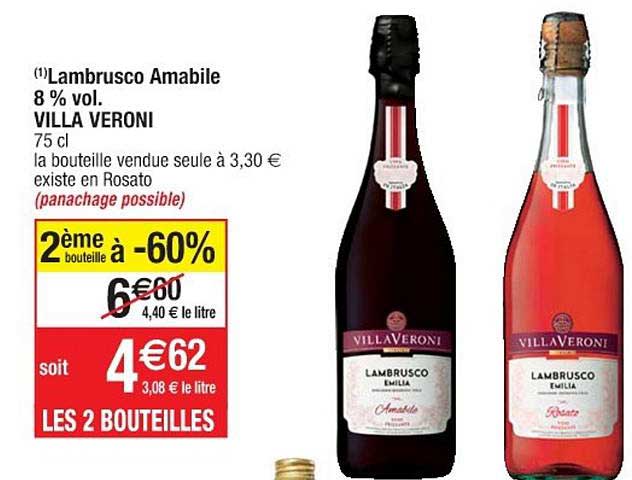 lambrusco amabile 8% vol. villa veroni 2ème bouteille à -60%