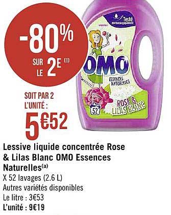 lessive liquide concentrée rose & lilas blanc omo essences naturelles -80% sur le 2è