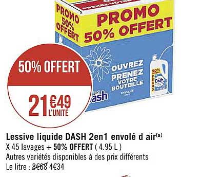 lessive liquide dash 2en1 envolé d'air 50% offert