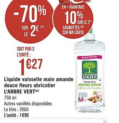 liquide vaisselle main amande douce fleurs abricotier l'arbre vert -70% sur le 2è