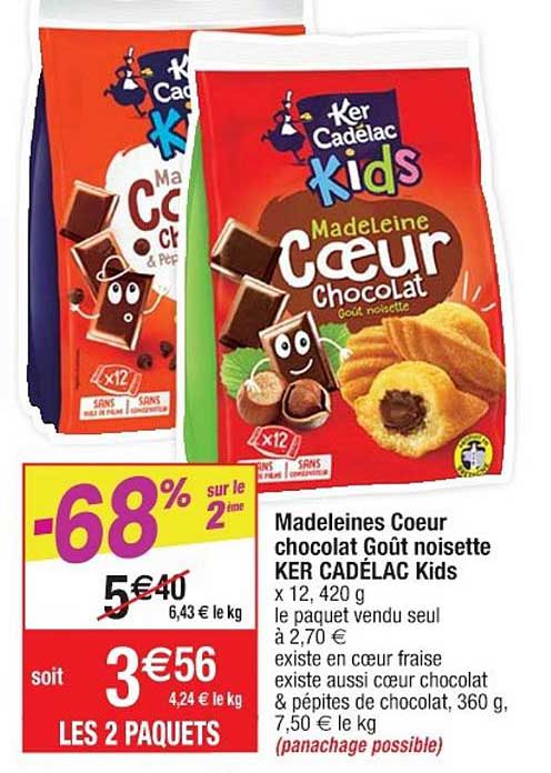madeleines coeur chocolat goût noisette ker cadélac kids -68% sur le 2ème