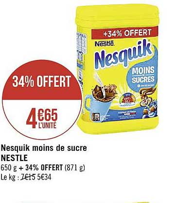 Nesquik Moins De Sucre Nestlé 34% Offert