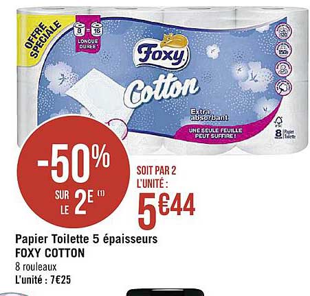 papier toilette 5 épaisseurs foxy cotton -50% sur le 2è