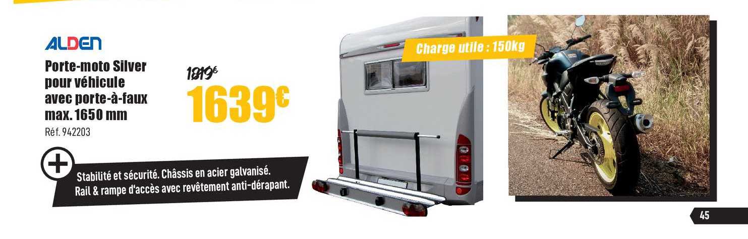 porte moto silver pour véhicule avec porte à faux max. 1650 mm alden