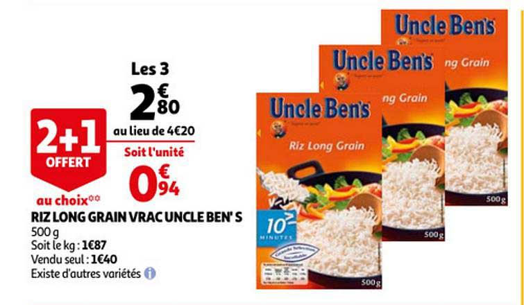 riz long grain vrac uncle ben's 2+1 offert au choix