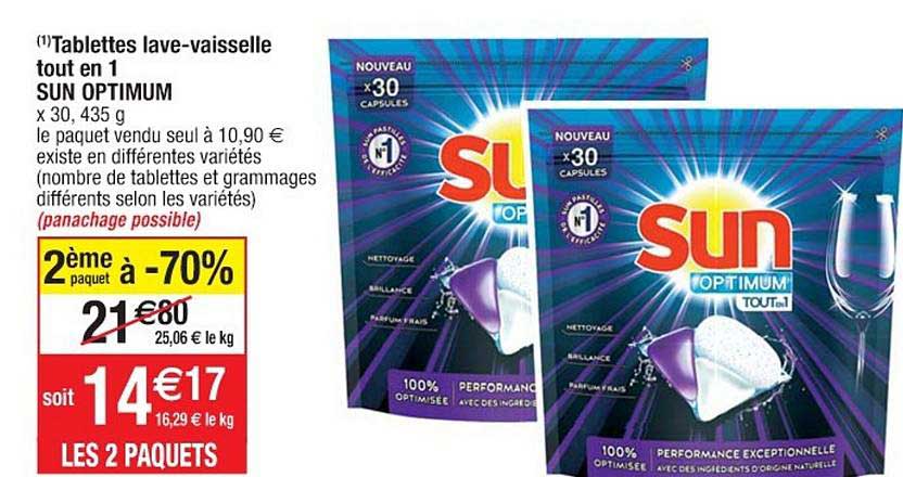 tablettes lave vaisselle tout en 1 sun optimum 2ème paquet à -70%