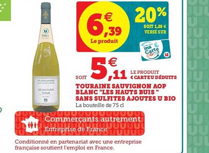 touraine sauvignon aop blanc "les hauts buis" sans sulfites ajoutés u bio