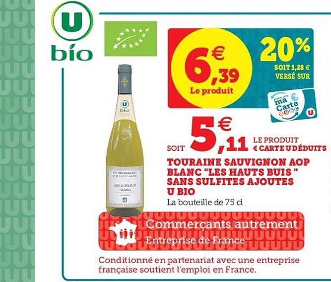 touraine sauvignon aop blanc les hauts buis sans sulfites ajoutés u bio